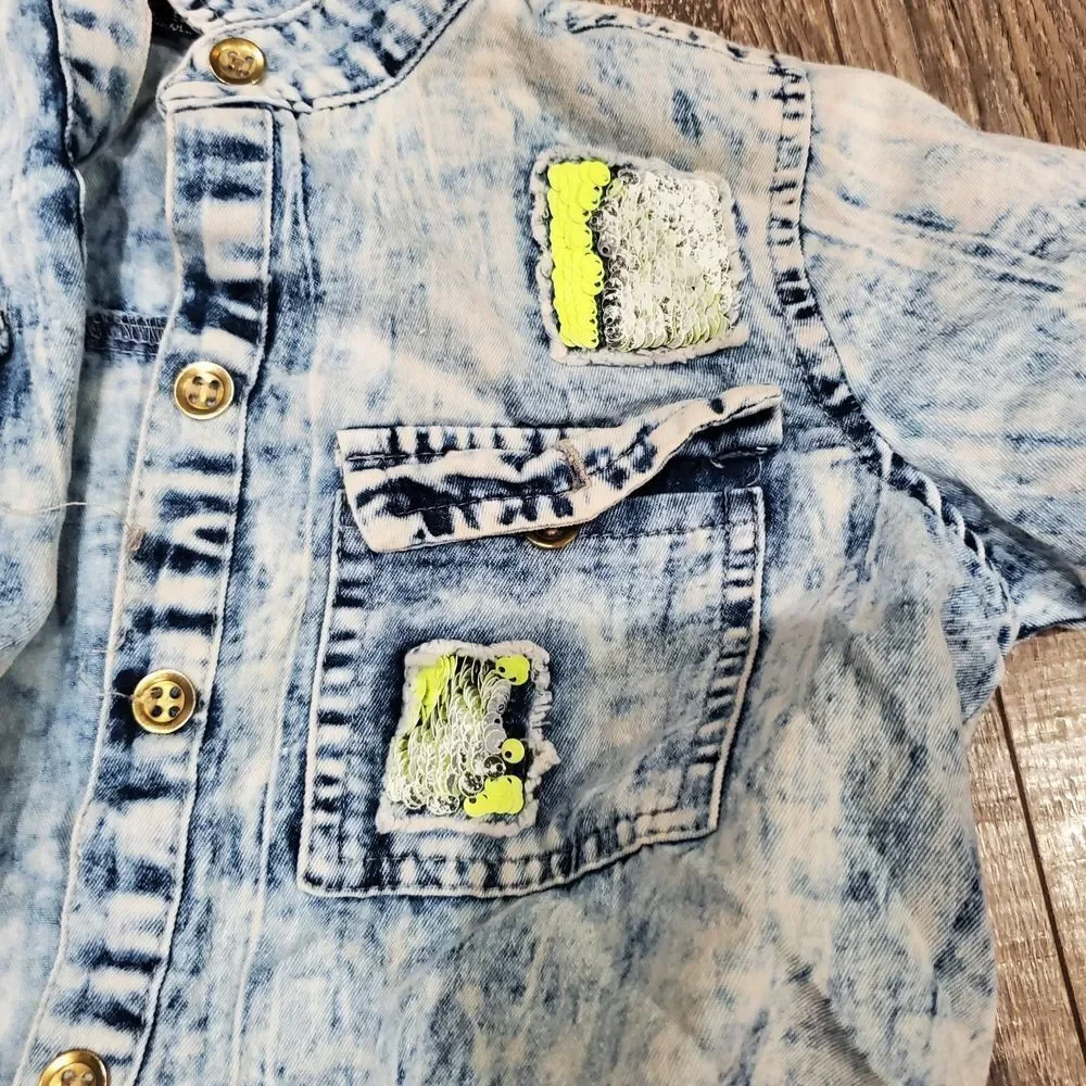 Girls Button Up Jacket Size 10-12 Stylish Girl Denim Jacket with Neon Highlights